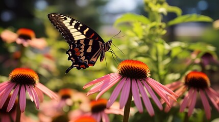 In the garden, there are butterflies and echinacea flowers