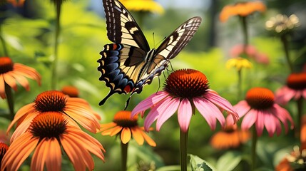 In the garden, there are butterflies and echinacea flowers