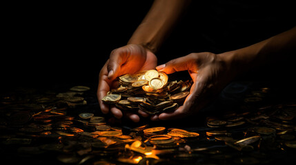 Close up of man hands holding gold coin on dark background with light. Finance, investment and save money concept. - Powered by Adobe