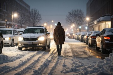 Evening Commute on a Snowy Urban Road
