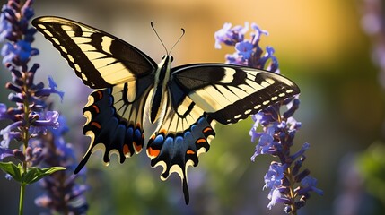 On a blurry background is the beautiful multicolored butterfly known as the old world swallowtail.