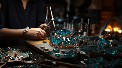 Jeweler working with precious stones in workshop, closeup view.