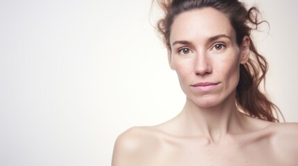 Obraz premium The camera zooms in on a Caucasian woman's face, capturing the nuances of her flawed skin against a light beige studio background.