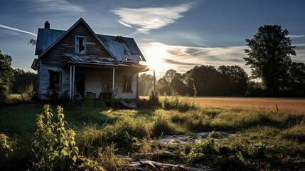 Abandoned damaged old house in the forest