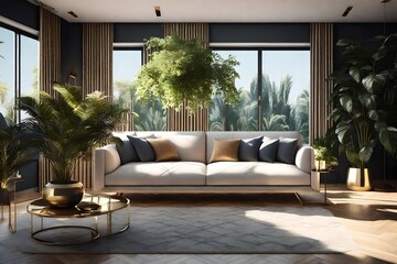 An elegant modern lounge in 3D rendering, showcasing a luxurious couch and a strategically placed plant to bring a touch of nature indoors.  - obrazy, fototapety, plakaty