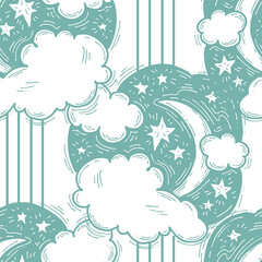 Starry night seamless pattern with moon, stars and clouds. Boho style decorative background for wallpaper, digital paper, wrapping design, fashion fabric, textile print. Hand drawn illustration.