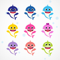 Fototapeta premium Set cartoon shark family collection vector. Baby shark family vector set. Baby shark icon.