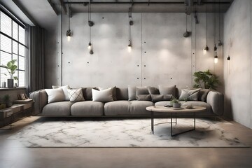 A 3D visualization of a large, spacious modern interior featuring a sleek concrete wall and a comfortable sofa adorned with plush pillows. 