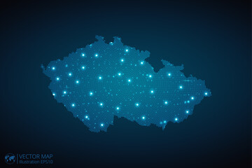 Czech Republic map radial dotted pattern in futuristic style, design blue circle glowing outline made of stars. concept of communication on dark blue background. Vector illustration EPS10
