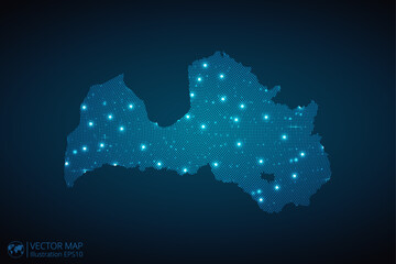 Latvia map radial dotted pattern in futuristic style, design blue circle glowing outline made of stars. concept of communication on dark blue background. Vector illustration EPS10