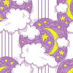 Starry night seamless pattern with moon, stars and clouds. Boho style decorative background for wallpaper, digital paper, wrapping design, fashion fabric, textile print. Hand drawn illustration.