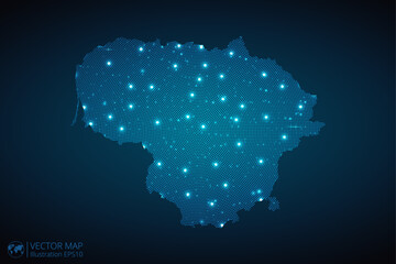 Lithuania map radial dotted pattern in futuristic style, design blue circle glowing outline made of stars. concept of communication on dark blue background. Vector illustration EPS10