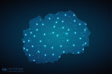 North Macedonia map radial dotted pattern in futuristic style, design blue circle glowing outline made of stars. concept of communication on dark blue background. Vector illustration EPS10