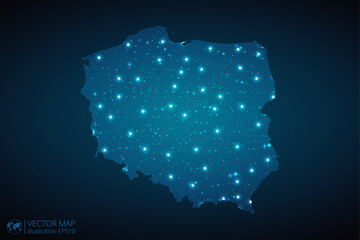 Poland map radial dotted pattern in futuristic style, design blue circle glowing outline made of stars. concept of communication on dark blue background. Vector illustration EPS10