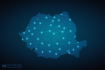 Romania map radial dotted pattern in futuristic style, design blue circle glowing outline made of stars. concept of communication on dark blue background. Vector illustration EPS10