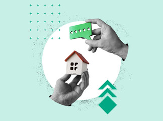 Real estate valuation. Collage with a hand holding a house and a good rating.