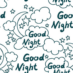 Starry night seamless pattern with moon, stars and clouds. Boho style decorative background for wallpaper, digital paper, wrapping design, fashion fabric, textile print. Hand drawn illustration.