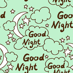 Starry night seamless pattern with moon, stars and clouds. Boho style decorative background for wallpaper, digital paper, wrapping design, fashion fabric, textile print. Hand drawn illustration.