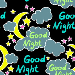 Starry night seamless pattern with moon, stars and clouds. Boho style decorative background for wallpaper, digital paper, wrapping design, fashion fabric, textile print. Hand drawn illustration.