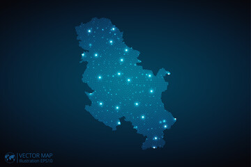 Obraz premium Serbia map radial dotted pattern in futuristic style, design blue circle glowing outline made of stars. concept of communication on dark blue background. Vector illustration EPS10