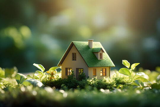 The image depicts a green home and eco-friendly construction with a house icon on a green lawn under the sun,