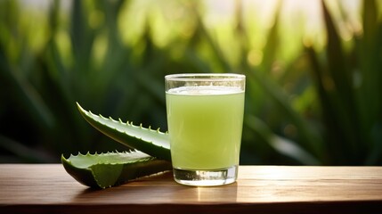 aloe vera juice glass placed on a table with alovera sticks beside, herbal and healthy lifestyle