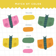 Learn colors game for kids. Cute hand drawn doodle funny puzzle with butterfly. Educational worksheet, mind task, riddle, strategy quiz, mental teaser, challenge, iq toy, brain trainer for children