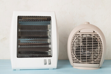 Portable electric heaters on table