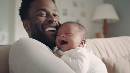 Joyful father and baby share a cozy moment on the sofa.