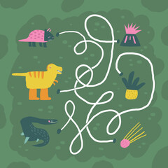Cute dinosaur doodle maze with dinos, plants. Jurassic era puzzle for kids, children. Funny cartoon style labyrinth with adorable characters