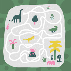 Cute dinosaur doodle maze with dinos, plants. Jurassic era puzzle for kids, children. Funny cartoon style labyrinth with adorable characters