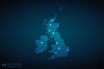 United Kingdom map radial dotted pattern in futuristic style, design blue circle glowing outline made of stars. concept of communication on dark blue background. Vector illustration EPS10