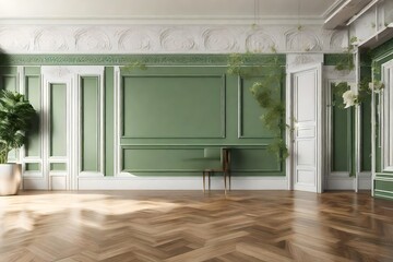 A modern classic green empty interior featuring intricate wall panels and a polished wooden floor.  - obrazy, fototapety, plakaty