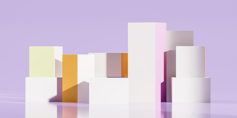 Color cosmetics boxes on a purple background. Mock up. 3d rendering
