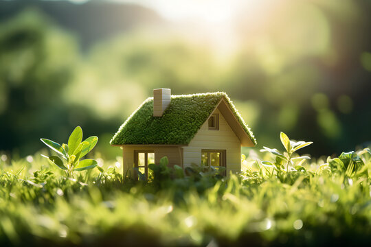 The image shows a green home and environmentally friendly construction with a house icon placed on a sunny green lawn,
