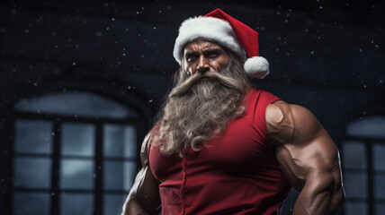 muscular santa claus with christmas hat and dumbbells. christmas and new year - obrazy, fototapety, plakaty