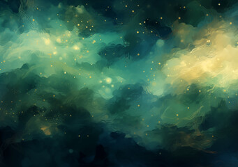 Obraz premium Abstract 3d banner of watercolor paint splashes and sparkles of green, emerald and gold colors. Liquid textured backdrop. Banner of floating liquid ink in the trend colors with copy space.