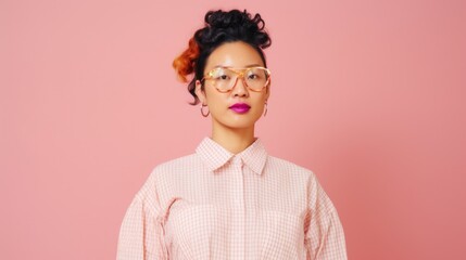 Fototapeta premium Modern fashion look against a pink studio backdrop