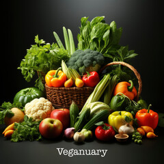 Text Veganuary with variety of vegetables on dark background. try veganism in January concept. Healthy lifestyle. organic raw food. square