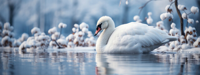 swan on the pond in winter. Happy New Year and Christmas holiday concept. card, copy space, web design. banner