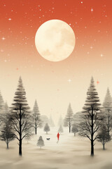 christmas night landscape with snow, illustration, christmas card 