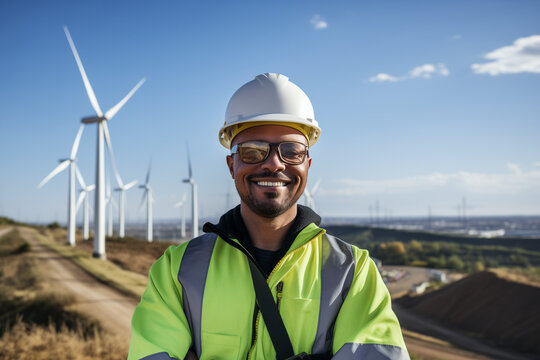 Un ouvrier ou ing&eacute;nieur souriant devant un parc &eacute;olien, projet d'&eacute;nergie verte et durable