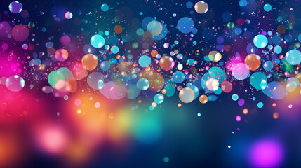 Abstract glowing circles and bubbles on a multi-colored rainbow colorful bokeh background. Blurred shiny, glowing festive backdrop for xmas, party, holiday, birthday, invitation.