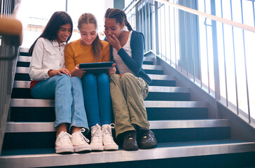 Three Female Secondary Or High School Pupils Inside School Building On Stairs With Digital Tablet