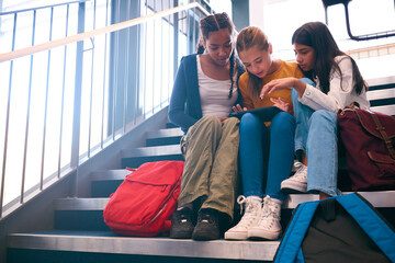 Three Female Secondary Or High School Pupils Inside School Building On Stairs With Digital Tablet
