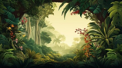 Horizontal AI illustration of a tropical forest full of palm trees and vegetation. Landscapes nature - obrazy, fototapety, plakaty