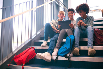 Three Male Secondary Or High School Pupils Inside School Building On Stairs With Digital Tablet - obrazy, fototapety, plakaty