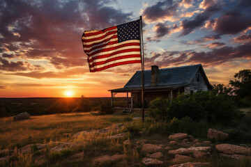 american flag on top of country house sunset