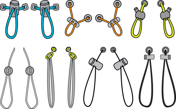 Drawstring cord stopper flat sketch vector illustrator. Set of Draw string lock slider toggles fastener for bags, back backs, jackets, Shorts. Plastic Drawcord lock end toggle to pulled or tighten