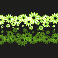 Green abstract floral shapes on a black background.